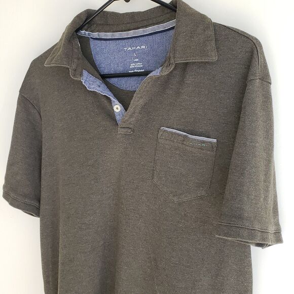 Tahari Short Sleeve Pocket Polo Shirt Mens Large Green 0372 - Picture 3 of 8